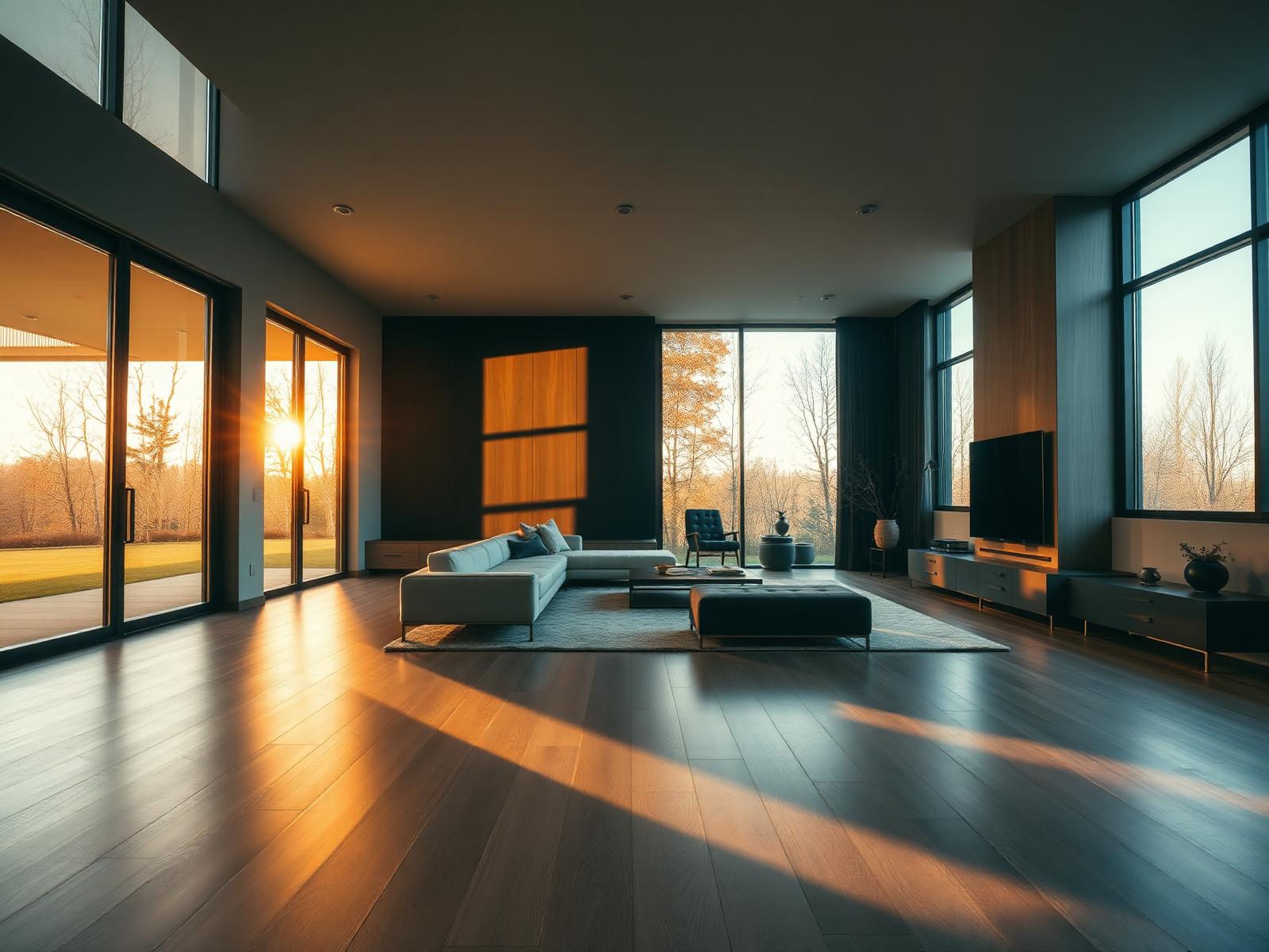 Modern living room with premium white oak timber flooring at golden hour